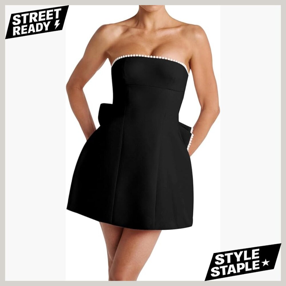 Strapless A-Line Mini Dress with Pearl Bow, Sleeveless Backless Summer Party